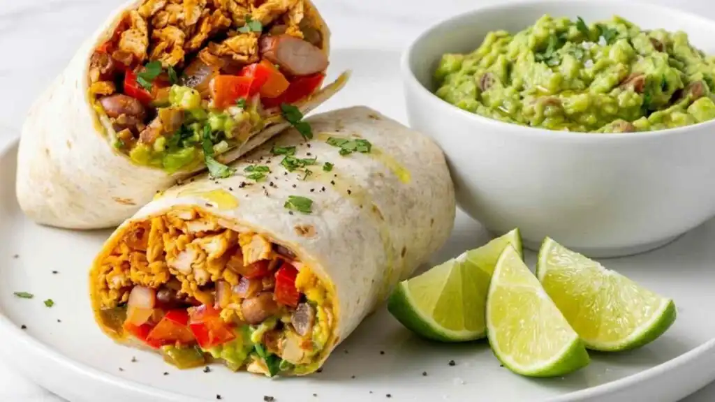 Easy Chicken Burrito 4 Easy chicken burrito recipe cut in half showing shredded chicken, black beans, and guacamole filling on a wooden board