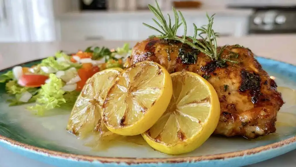 Grilled Lemon-Garlic Chicken Thighs with Herbs 34 Grilled lemon-garlic chicken thighs with herbs showing crosshatch grill marks on an outdoor grill with caramelized lemon halves