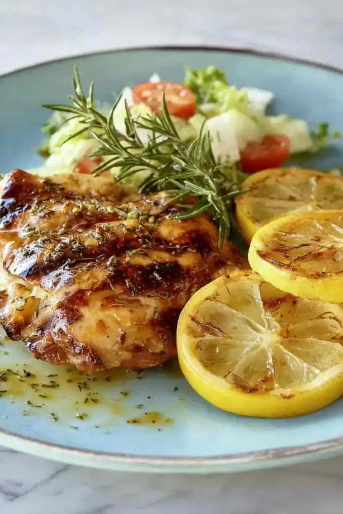Grilled Lemon-Garlic Chicken Thighs with Herbs 35 Grilled lemon-garlic chicken thighs with herbs showing crosshatch grill marks on an outdoor grill with caramelized lemon halves