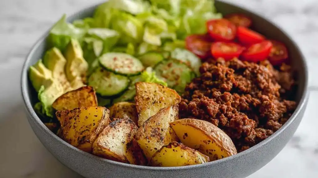 High Protein Burger Bowls 10 High protein burger bowls with seasoned ground beef, crispy potatoes, fresh vegetables and creamy cottage cheese burger sauce
