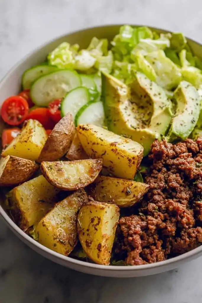 High Protein Burger Bowls 11 High protein burger bowls with seasoned ground beef, crispy potatoes, fresh vegetables and creamy cottage cheese burger sauce