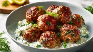 High Protein Greek Turkey Meatballs with Tzatziki