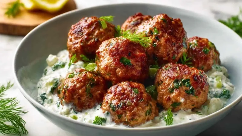 High Protein Greek Turkey Meatballs with Tzatziki