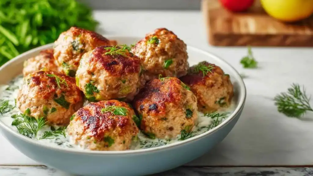 High protein Greek turkey meatballs with tzatziki served in a bowl with fresh dill and lemon wedges