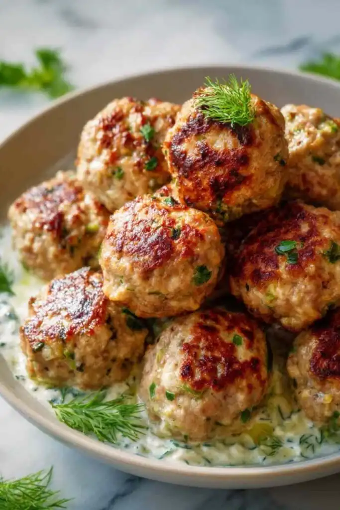 High protein Greek turkey meatballs with tzatziki served in a bowl with fresh dill and lemon wedges