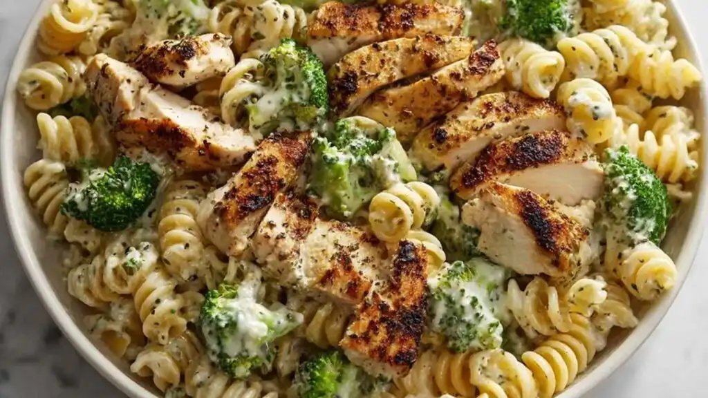 Quick and Easy High Protein Rotisserie Chicken Broccoli Pasta 1 High protein rotisserie chicken broccoli pasta in a large skillet topped with Parmesan and fresh parsley