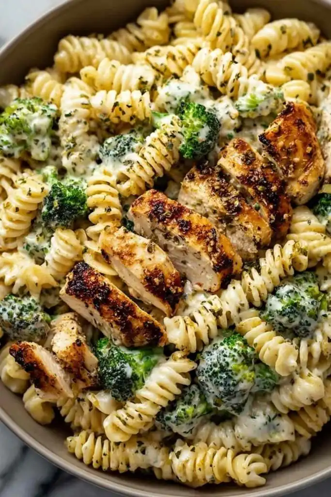 Quick and Easy High Protein Rotisserie Chicken Broccoli Pasta 2 High protein rotisserie chicken broccoli pasta in a large skillet topped with Parmesan and fresh parsley