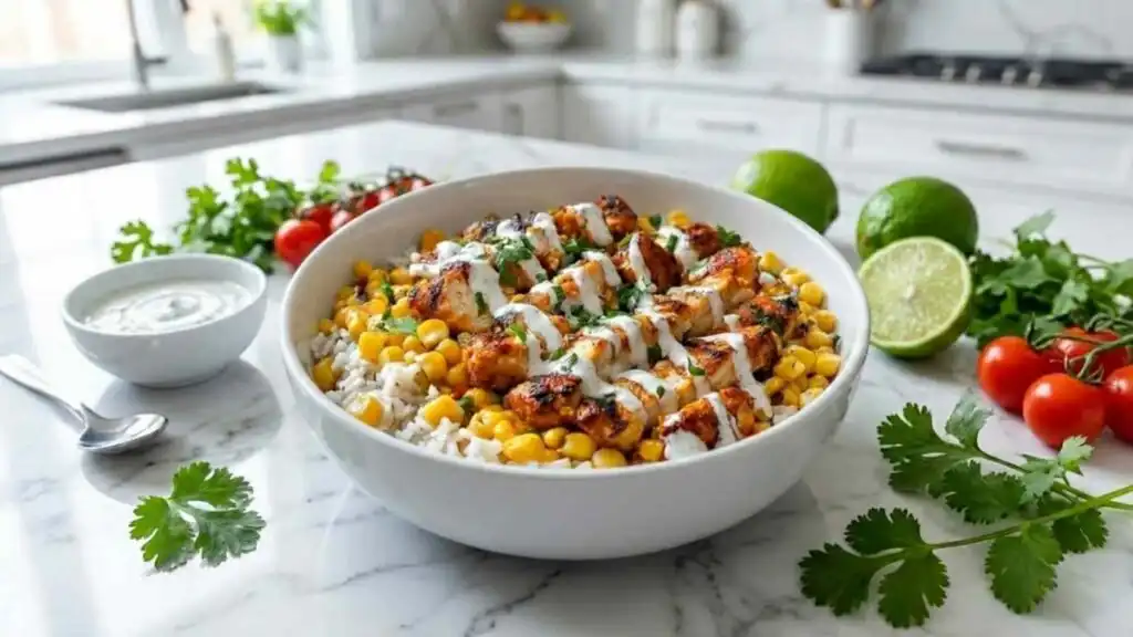 Ultimate High Protein Street Corn Chicken Bowls 19 High protein street corn chicken bowl with sliced grilled chicken thighs, creamy charred cotija street corn, and jasmine rice topped with fresh cilantro and lime