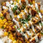 Ultimate High Protein Street Corn Chicken Bowls 21 High protein street corn chicken bowl with sliced grilled chicken thighs, creamy charred cotija street corn, and jasmine rice topped with fresh cilantro and lime