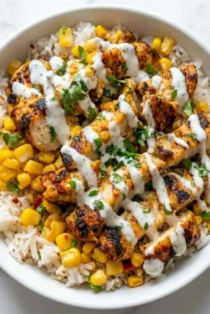 Ultimate High Protein Street Corn Chicken Bowls 20 High protein street corn chicken bowl with sliced grilled chicken thighs, creamy charred cotija street corn, and jasmine rice topped with fresh cilantro and lime