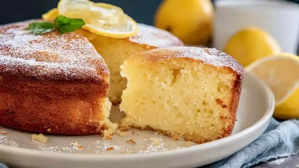 High Protein Lemon Ricotta Cake – Soft and Moist 31 Whole high protein lemon ricotta cake dusted with powdered sugar on a white cake stand