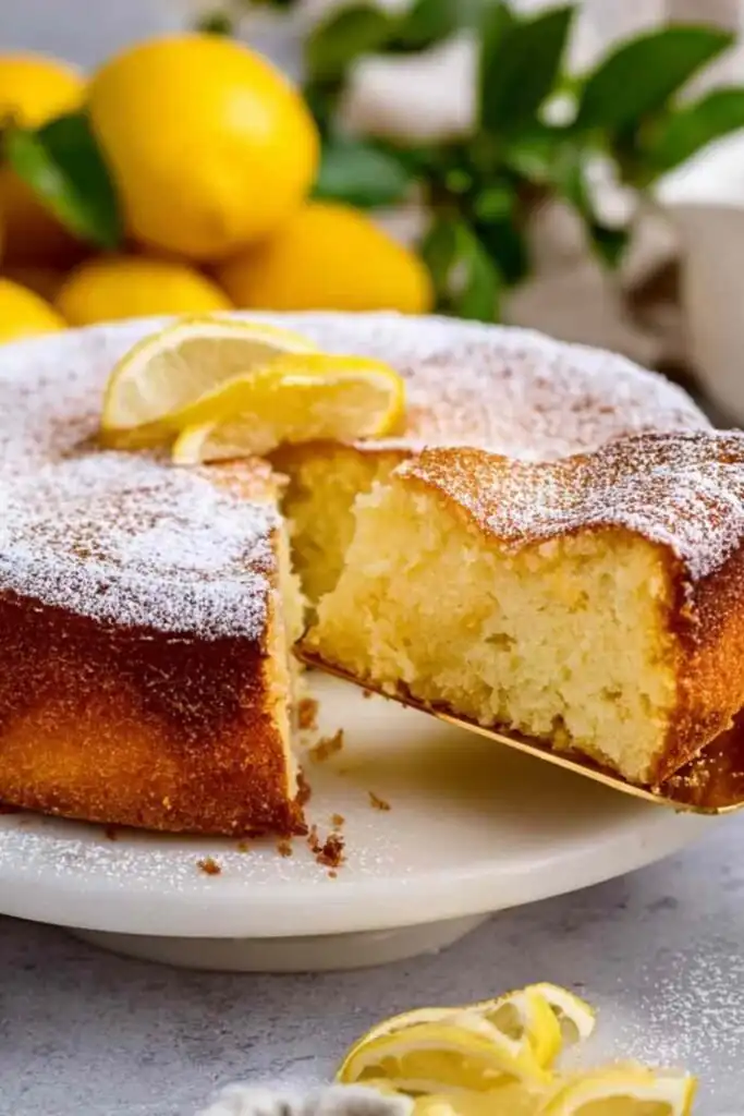 High Protein Lemon Ricotta Cake – Soft and Moist 32 Whole high protein lemon ricotta cake dusted with powdered sugar on a white cake stand