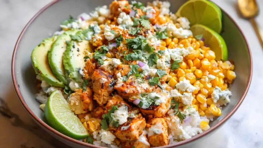 Street Corn Chicken Rice Bowl topped with creamy cotija lime street corn, sliced avocado, and smoky spiced chicken over white rice