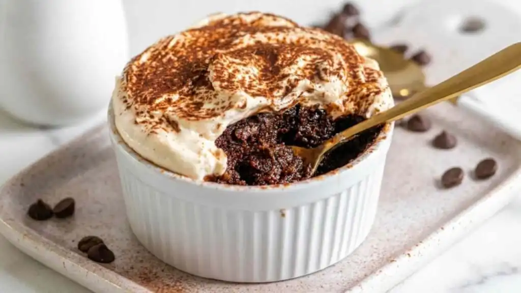 Summer Mocha Protein Power Baked Oats 7 Overhead view of Summer Mocha Protein Power Baked Oats topped with creamy mocha yogurt ganache frosting and dusted with unsweetened cocoa powder in a small white ramekin