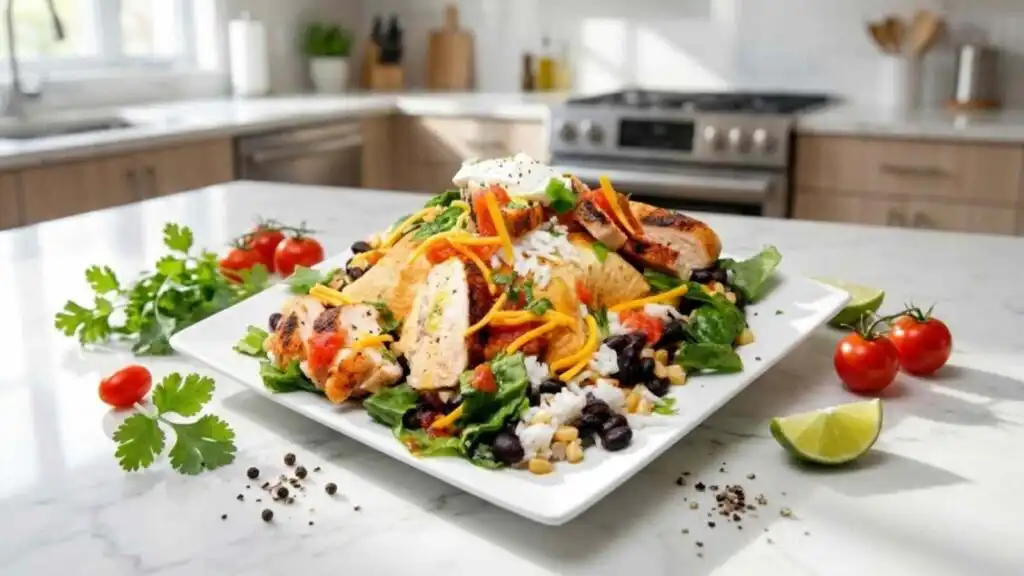 Naked Chicken Burrito Bowl 16 Overhead view of a naked chicken burrito bowl with grilled chicken strips, black beans, corn, rice, sour cream, and chipotle salsa
