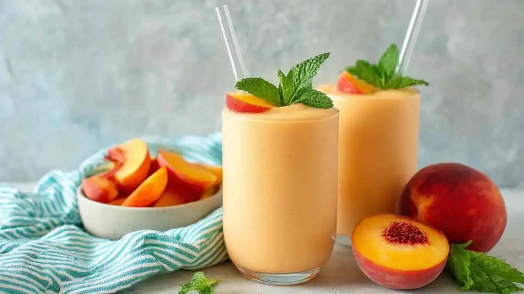 High Protein Peach Smoothie 19 Creamy high protein peach smoothie in a tall glass topped with fresh peach slices on a light wooden surface