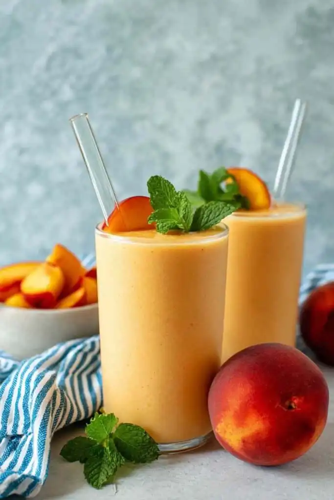 High Protein Peach Smoothie 20 Creamy high protein peach smoothie in a tall glass topped with fresh peach slices on a light wooden surface