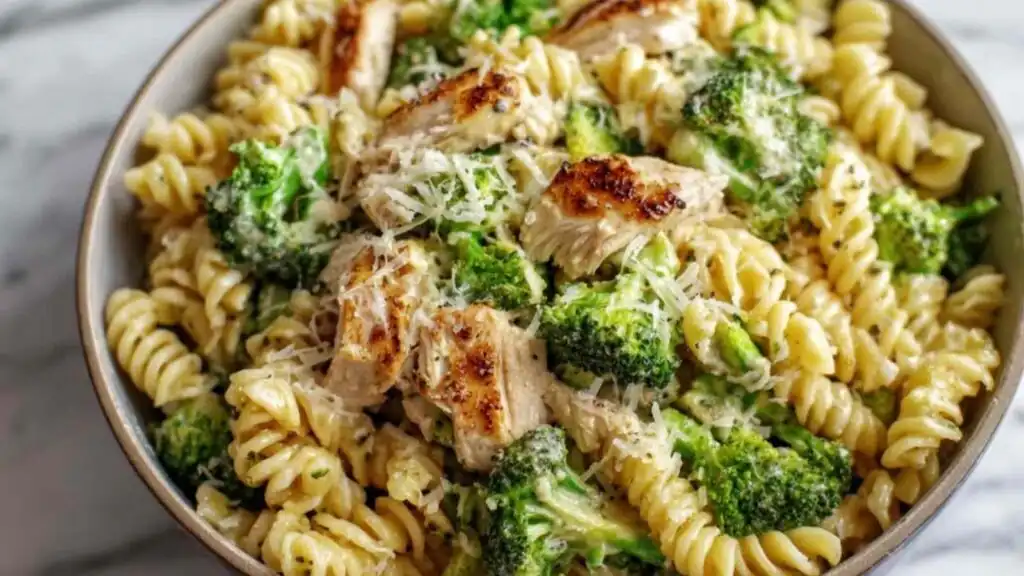 High Protein Rotisserie Chicken Broccoli Pasta 1 High protein rotisserie chicken broccoli pasta in a white bowl with creamy Parmesan sauce