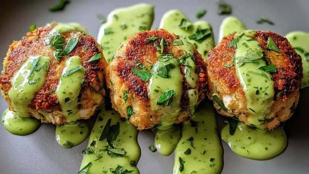 Golden baked salmon balls with creamy avocado sauce on a white serving plate garnished with fresh dill