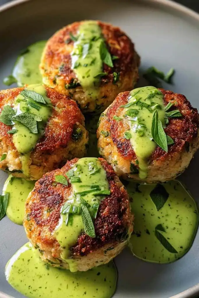 Golden baked salmon balls with creamy avocado sauce on a white serving plate garnished with fresh dill