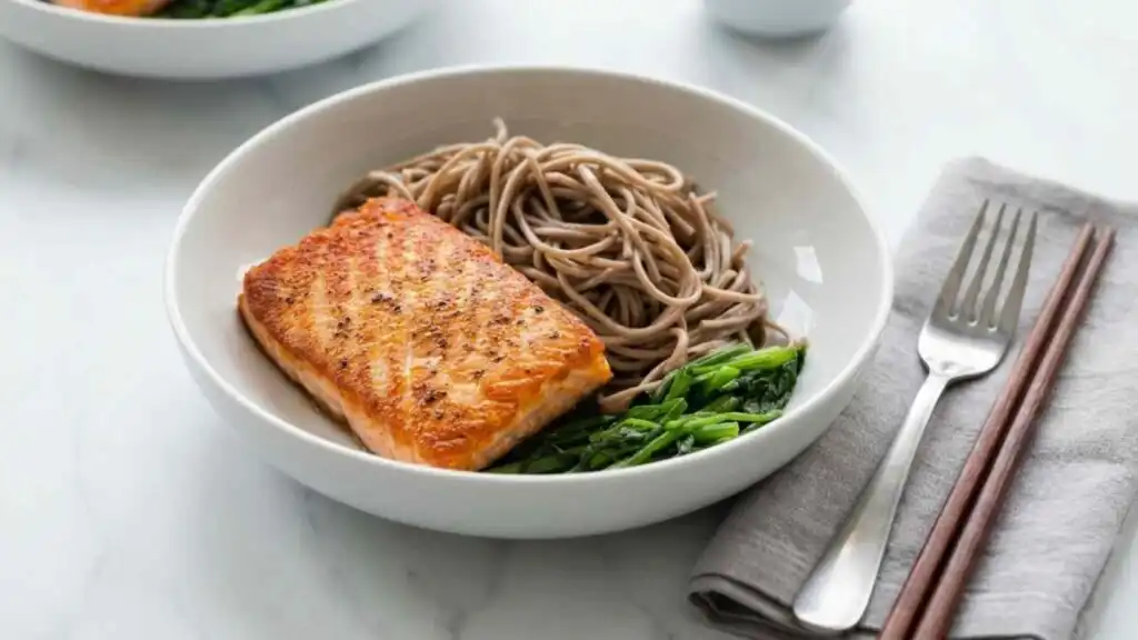High-Protein Lemon Blueberry Overnight Oats 1 Salmon soba noodle salad with crispy skin salmon, buckwheat soba noodles, blanched spinach, and ginger dressing in a white bowl