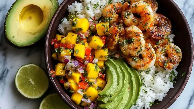 Shrimp and Avocado Bowls with Mango Salsa and Lime-Chili Sauce