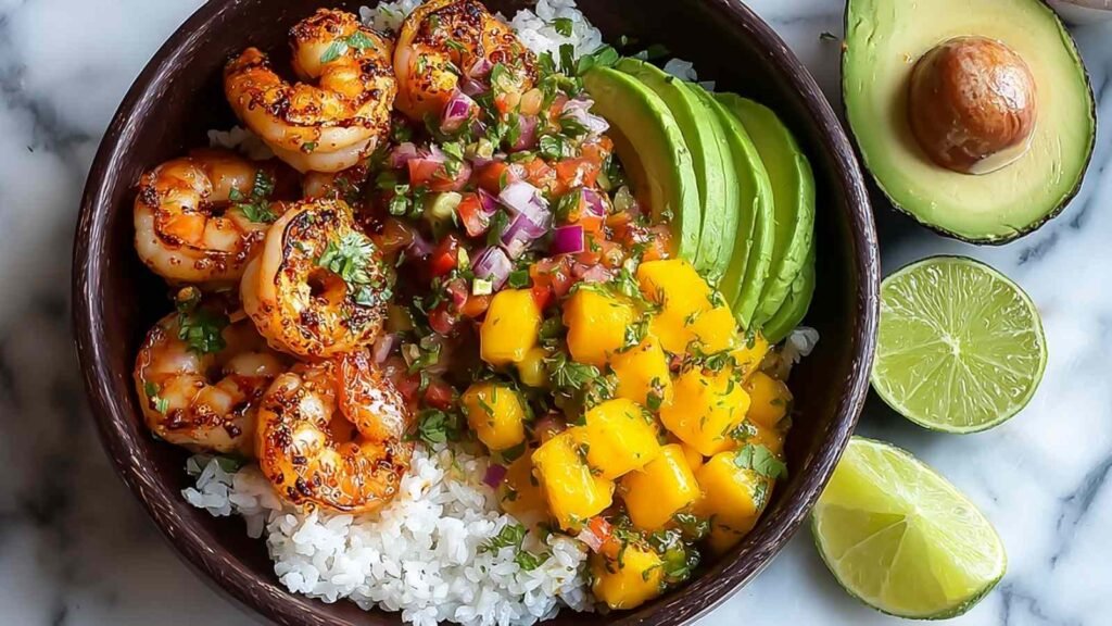 Shrimp and Avocado Bowls with Mango Salsa and Lime-Chili Sauce served over rice, viewed from above with cilantro garnish