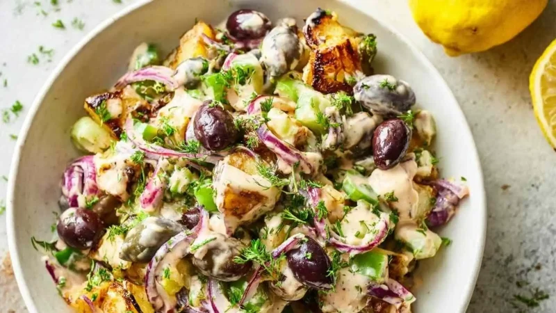 High Protein Smashed Potato Salad with Tahini Dressing