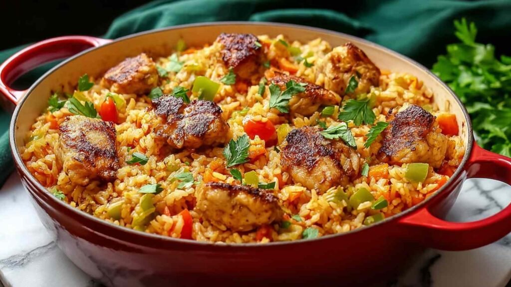 Nando's Portuguese Chicken and Rice Delight 1 Nando's Portuguese Chicken and Rice Delight served in a large pot with green onion garnish and hot sauce drizzle