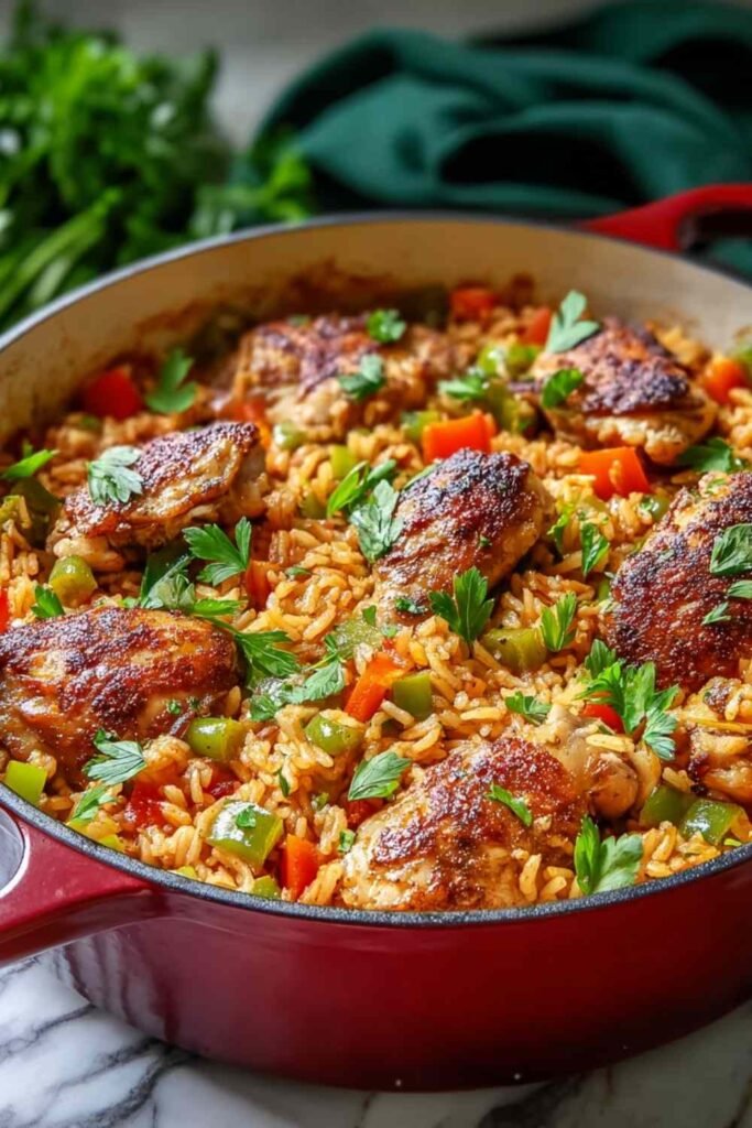 Nando's Portuguese Chicken and Rice Delight 2 Nando's Portuguese Chicken and Rice Delight served in a large pot with green onion garnish and hot sauce drizzle