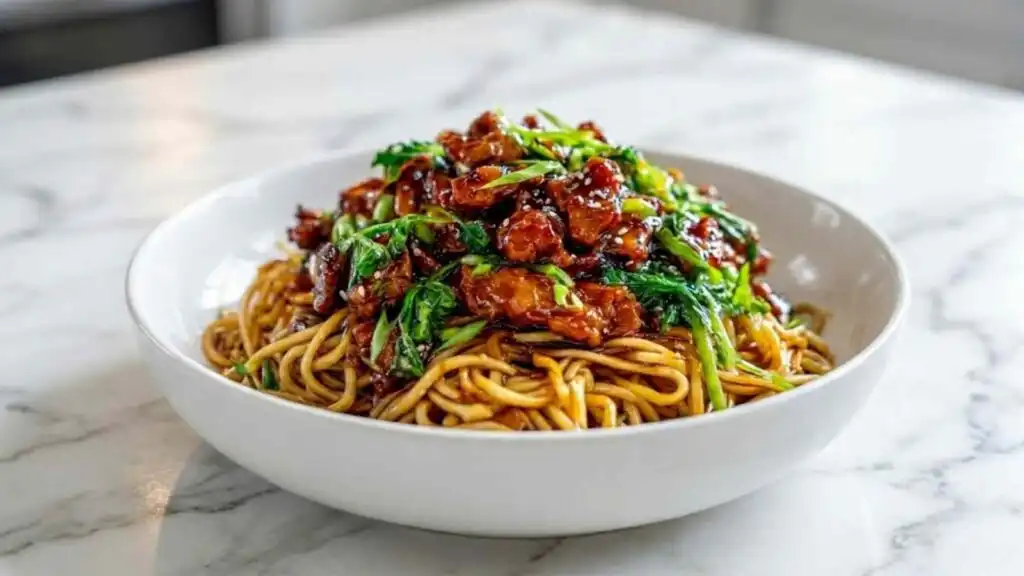 Sticky garlic chicken noodles in a cast iron skillet with bright green broccolini and toasted sesame seeds