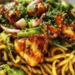 Sticky garlic chicken noodles in a cast iron skillet with bright green broccolini and toasted sesame seeds