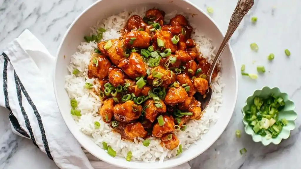 Glazed Chicken 10 Glazed chicken pieces in a skillet coated in a thick sweet and savory sauce garnished with green onions