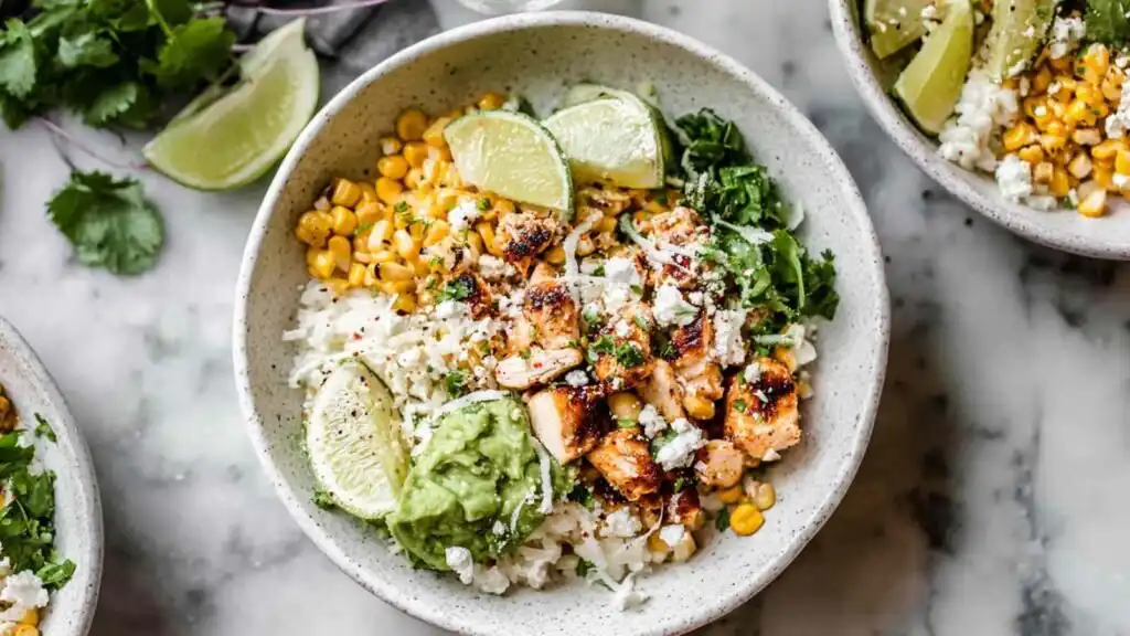 Street Corn Chicken Bowls 13 Overhead view of a Street Corn Chicken Bowl with charred corn, sliced chicken, avocado, crumbled cotija, and cilantro over white rice with tajin-lime sauce