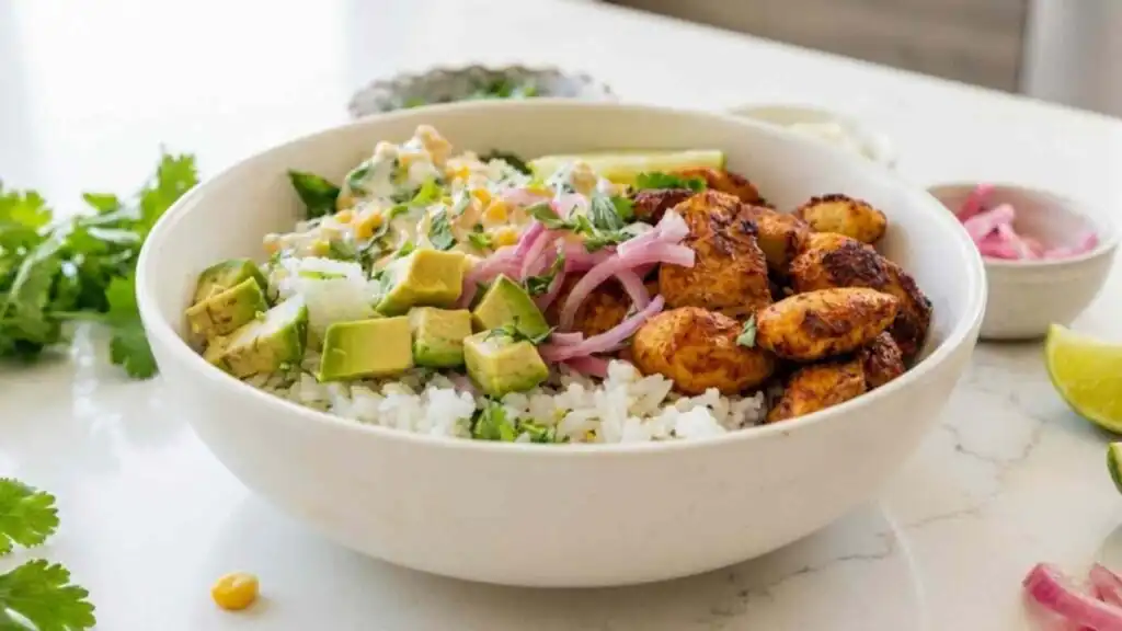 Overhead view of a street corn chicken rice bowl with spiced chicken, creamy corn salad, avocado, cotija cheese, and cilantro on cilantro lime rice