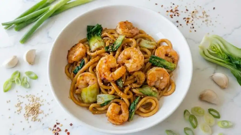 Szechuan Noodles with Garlic Shrimp 4 Szechuan Noodles with Garlic Shrimp in a skillet topped with toasted sesame seeds and homemade garlic chili oil