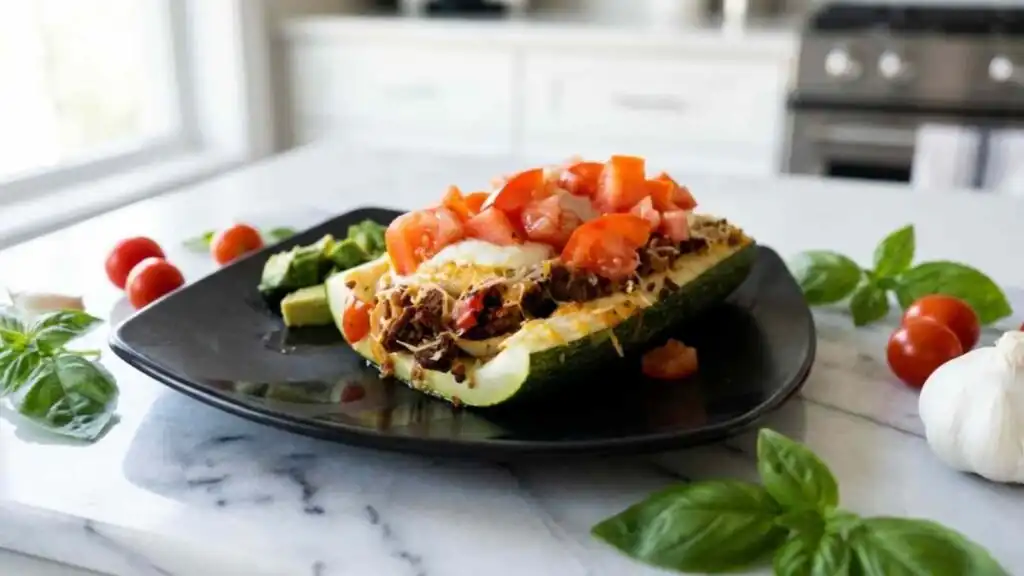 Four taco-stuffed zucchini boats in a baking dish topped with melted cheddar and Muenster cheese and dollops of seasoned sour cream