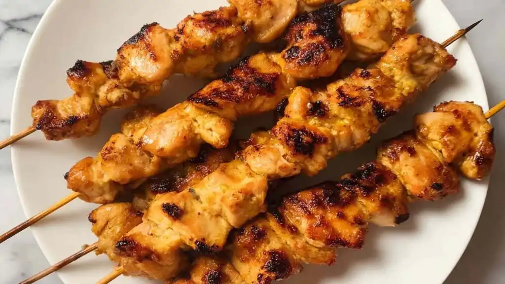 Tahini chicken skewers served on a white platter garnished with toasted sesame seeds and sliced green onions