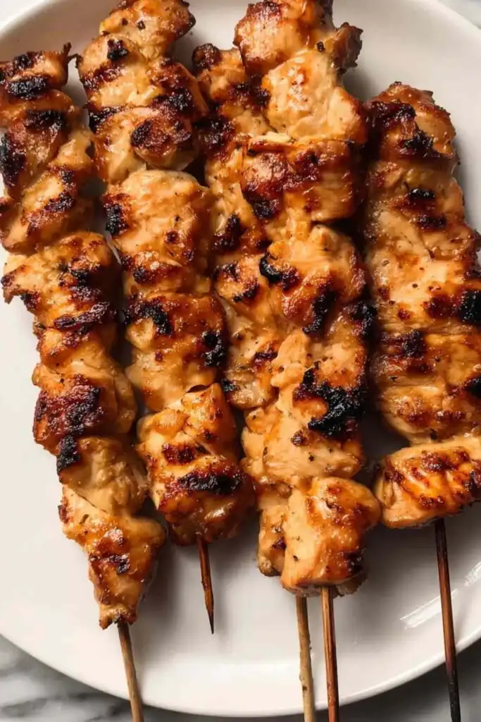 Tahini chicken skewers served on a white platter garnished with toasted sesame seeds and sliced green onions