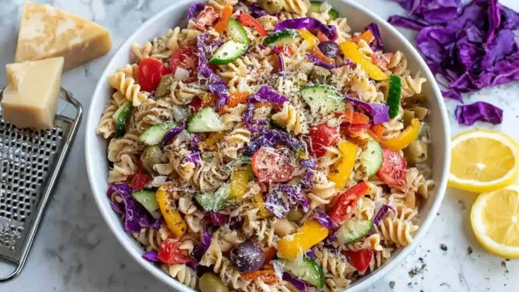 High Protein Vegetarian Pasta Salad 22 Overhead view of a high protein vegetarian pasta salad in a large white bowl with chickpeas, edamame, colorful bell peppers, shredded red cabbage, and quartered hard-boiled eggs