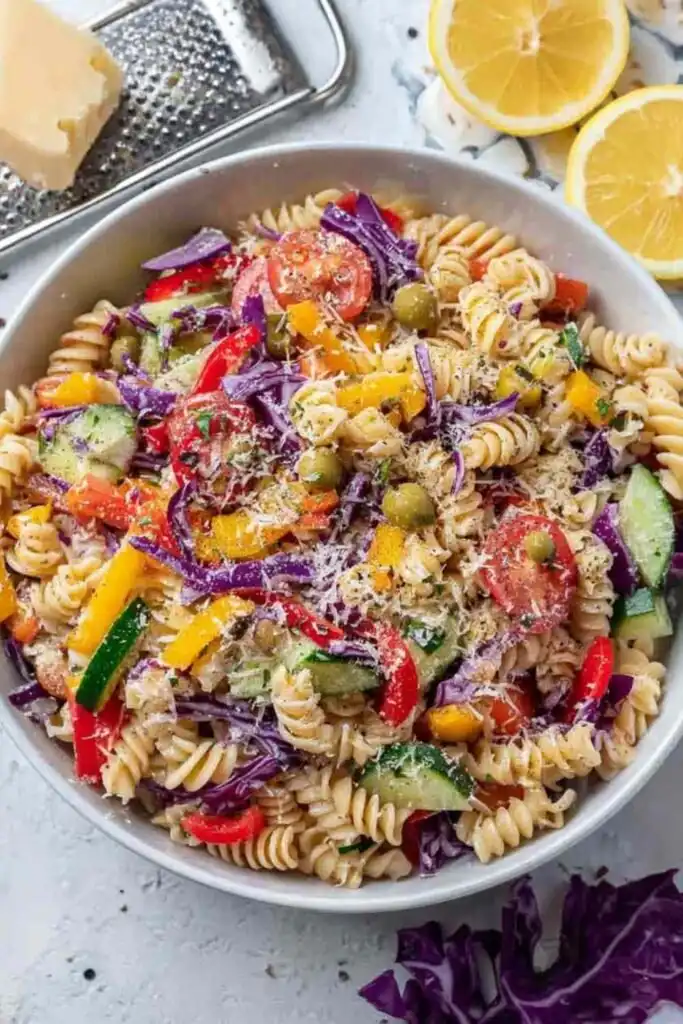 High Protein Vegetarian Pasta Salad 23 Overhead view of a high protein vegetarian pasta salad in a large white bowl with chickpeas, edamame, colorful bell peppers, shredded red cabbage, and quartered hard-boiled eggs